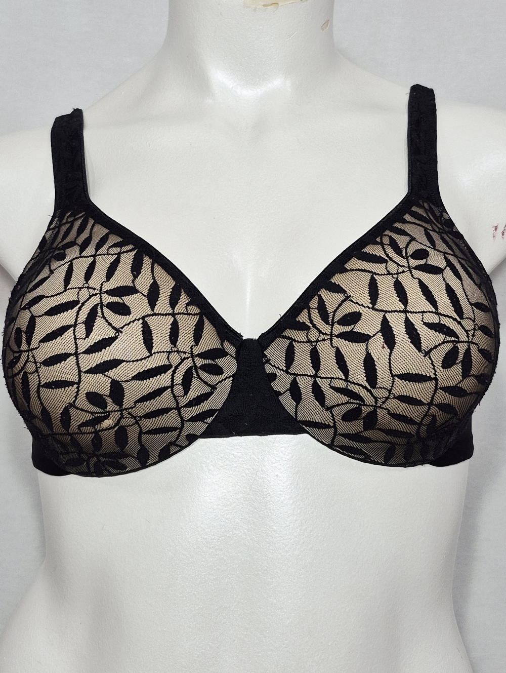 36D Olga 35519 Lace Sheer Leaves Underwire Minimizer Bra Black NWT